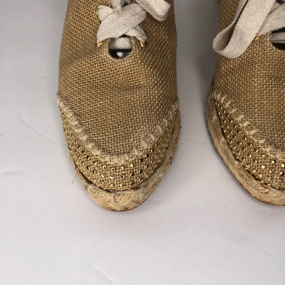 STUART WEITZMAN Canvas Gold Studded Slingback Tan Espadrille Wedge Luxury VTG - Picture 5 of 14